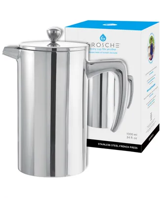 Grosche Dublin Stainless Steel Double Wall Insulated French Press, 34 fl oz Capacity - Silver