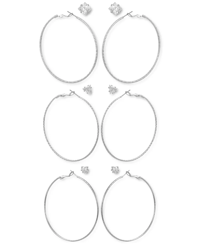 Guess Silver-Tone 6-Pc. Set Mixed Crystal Stud & Textured Hoop Earrings