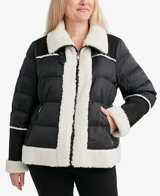 Tahari Women's Plus Size Faux-Fur-Trim Puffer Coat