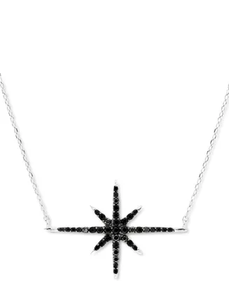 Black Spinel Starburst Pendant Necklace in Sterling Silver, 18" + 2" extender