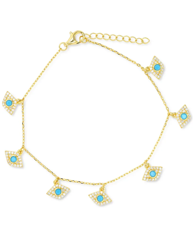 Cubic Zirconia & Nano Turquoise Evil Eye Charm Bracelet in 14k Gold-Plated Sterling Silver