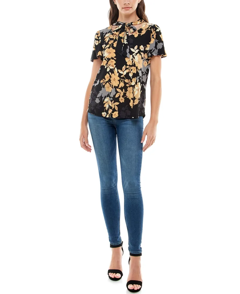 Adrienne Vittadini Women's Flutter Sleeve Top With Bow Tie At Neck In  Lianna Floral
