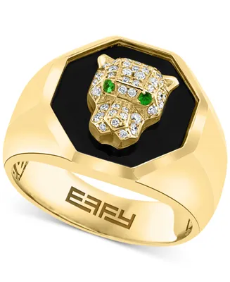 Effy Men's Onyx, Diamond (1/4 ct. t.w.) & Tsavorite Accent Panther Ring in 14k Gold