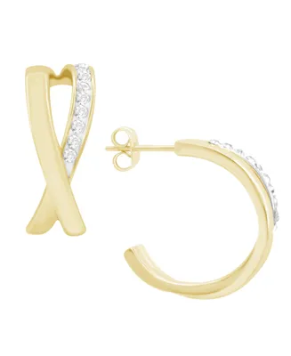 Essentials High Polished Clear Crystal Cross Over C Hoop Earring, Gold Plate and Silver 