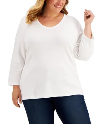 Karen Scott Plus Size 3/4-Sleeve V-Neck Top, Created for Macy's