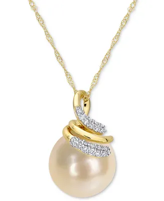 Cultured South Sea Pearl (9mm) & Diamond (1/10 ct. t.w.) Swirl 17" Pendant Necklace in 14k Gold