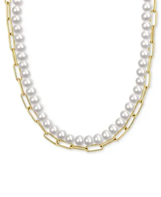 Cultured Freshwater Pearl (7-7-1/2mm) & Paperclip Link Layered 18" Statement Necklace in 18k Gold-Plated Sterling Silver