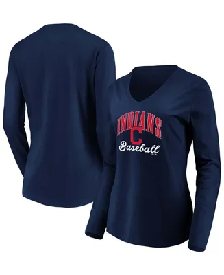 Women's Navy Cleveland Indians Victory Script V-Neck Long Sleeve T-shirt