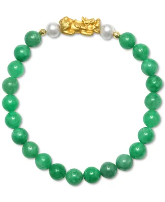 Dyed Green Jade (8mm) & Cultured Freshwater Pearl (6mm) Pixhu Stretch Bracelet 14k Gold-Plated Sterling Silver