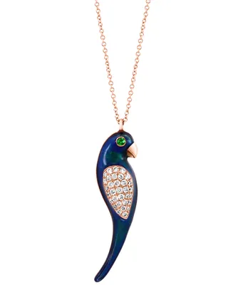 Effy Diamond (1/4 ct. t.w.), Tsavorite Accent & Blue Enamel Parrot 18" Pendant Necklace in 14k Rose Gold