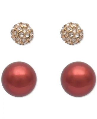 Charter Club Gold-Tone 2-Pc. Set Pave Fireball & Colored Imitation Pearl Stud Earrings, Created for Macy's