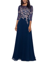 Betsy & Adam Embroidered 3/4-Sleeve Gown