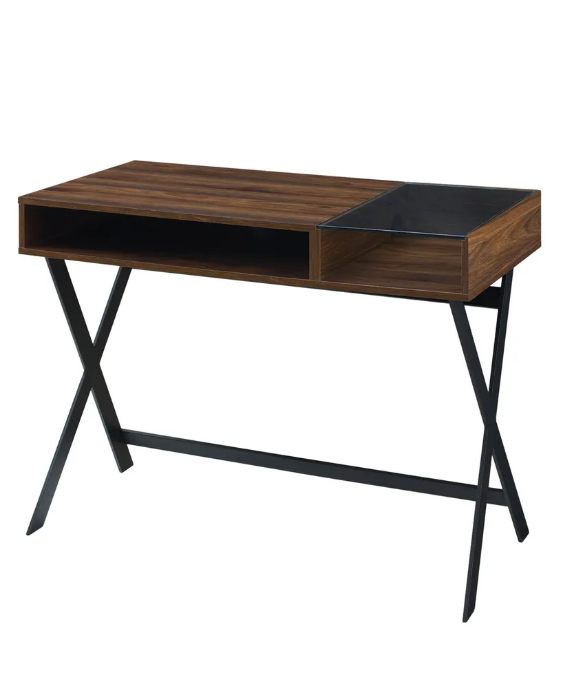 Contemporary Metal-x Leg Glass-Top Computer Desk with Cubby