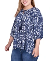 Plus 3/4 Sleeve Peasant Top with Tie Neckline