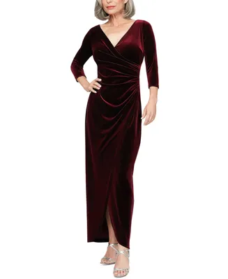 Alex Evenings Women's Velvet Ruched 3/4-Sleeve Gown