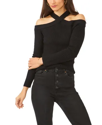 1.state Women's Cross Neck Cold Shoulder Long Sleeve Sweater