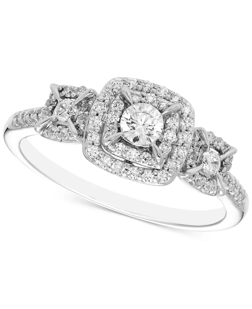 Diamond 3-Stone Triple Halo Ring (1/2 ct. t.w.) in 14k White Gold