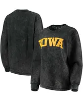 Women's Black Iowa Hawkeyes Comfy Cord Vintage-Like Wash Basic Arch Pullover Sweatshirt