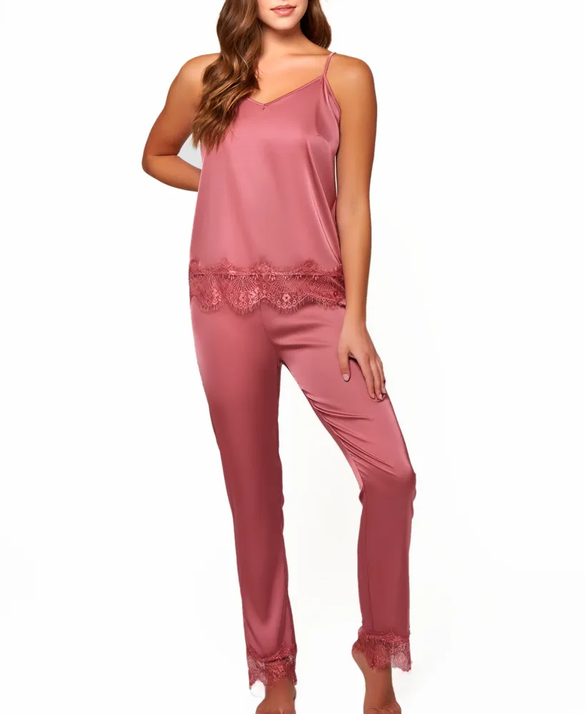 Icollection Women's Charlotte 2-Pieces Satin and Lace Cami Pant Set
