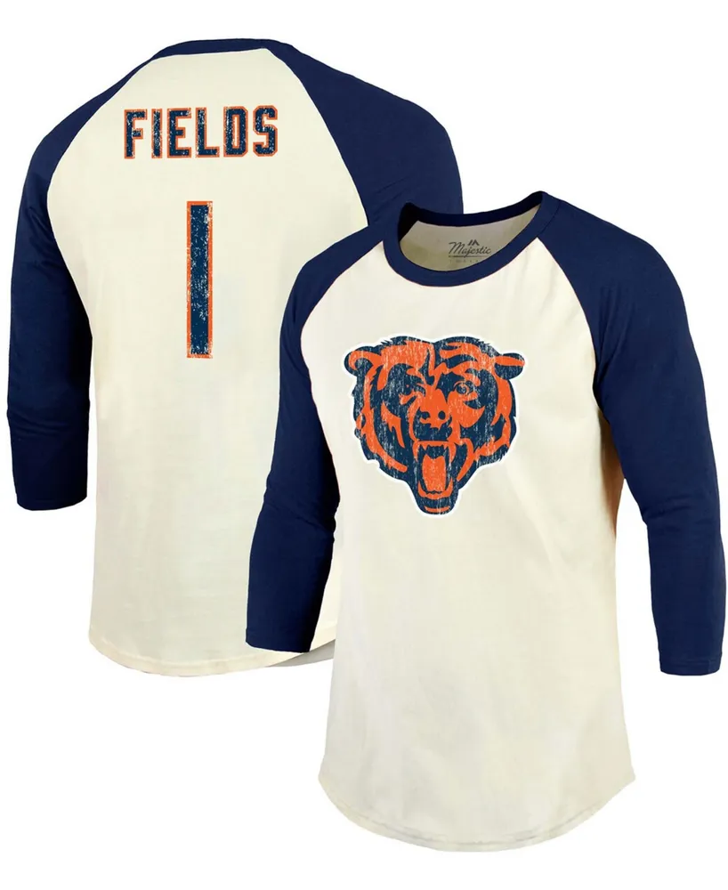 Men's Justin Fields Cream, Navy Chicago Bears Player Name Number Raglan 3/4 Sleeve T-shirt