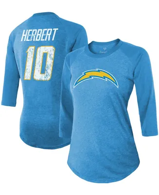 Women's Justin Herbert Powder Blue Los Angeles Chargers Team Player Name Number Tri-Blend Raglan 3/4 Sleeve T-shirt