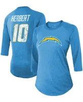 Women's Justin Herbert Powder Blue Los Angeles Chargers Team Player Name Number Tri-Blend Raglan 3/4 Sleeve T-shirt