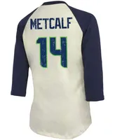 Women's Dk Metcalf Cream, Navy Seattle Seahawks Player Raglan Name Number 3/4 Sleeve T-shirt