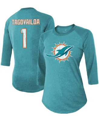 Women's Tua Tagovailoa Aqua Miami Dolphins Player Name Number Raglan 3/4 Sleeve Tri-Blend T-shirt