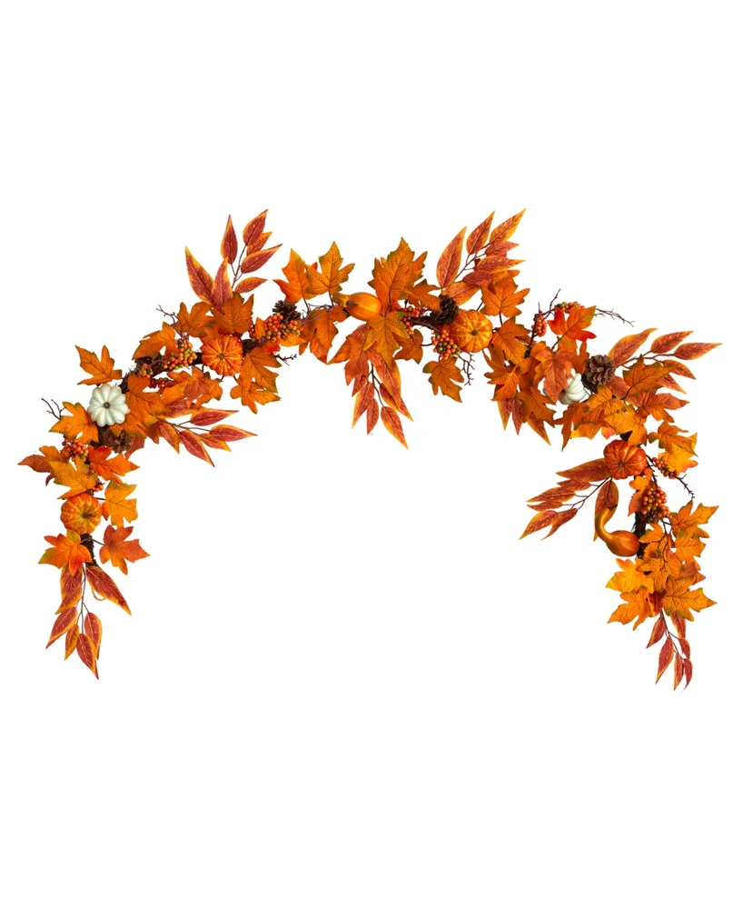 6' Assorted Autumn Maple Leaves, Pumpkins, Gourds, Berries and Pinecone Artificial Fall Garland