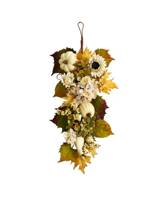 33" Fall Sunflower, Hydrangea and White Pumpkin Artificial Autumn Teardrop