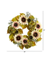 24" White Sunflower and Hydrangea Artificial Autumn Wreath