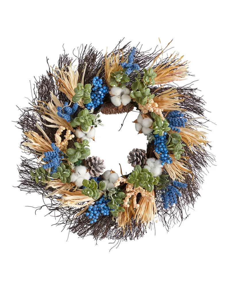 22" Autumn Cotton, Eucalyptus, Berries and Pinecones Artificial Fall Wreath