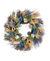 22" Autumn Cotton, Eucalyptus, Berries and Pinecones Artificial Fall Wreath