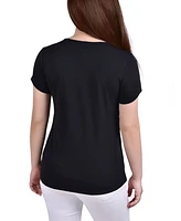 Women's Short Sleeve Crepe Knit Top with Mesh Yoke Stone Details