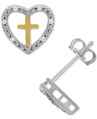 Diamond Heart & Cross Stud Earrings (1/10 ct. t.w.) in Sterling Silver & 14k Gold-Plate - Sterling Silver  Gold