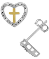 Diamond Heart & Cross Stud Earrings (1/10 ct. t.w.) in Sterling Silver & 14k Gold-Plate - Sterling Silver  Gold