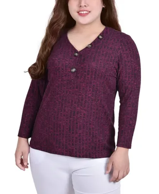Plus Size Long Sleeve Ribbed Henley