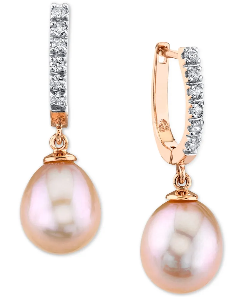 Cultured Pink Freshwater Pearl (9mm) & Diamond (1/5 ct. t.w.) Hoop Dangle Drop Earrings in 14k Rose Gold