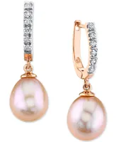 Cultured Pink Freshwater Pearl (9mm) & Diamond (1/5 ct. t.w.) Hoop Dangle Drop Earrings in 14k Rose Gold