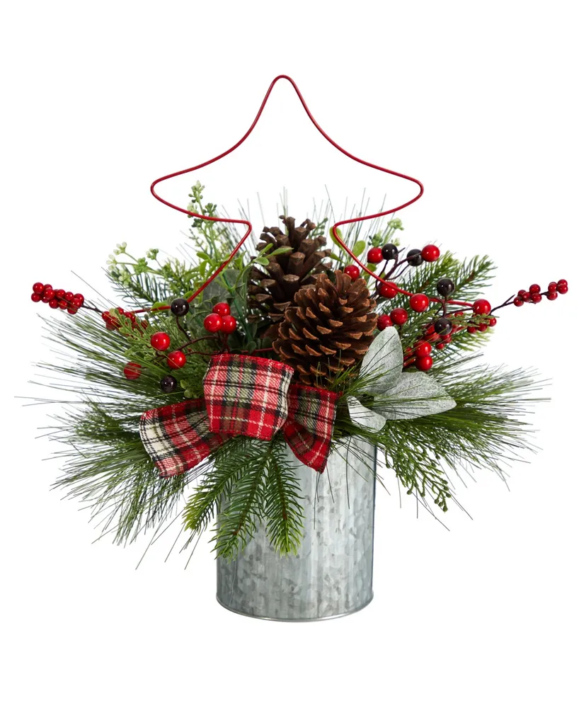 Pinecone and Berries Artificial Christmas Arrangement with Decorative Metal Vase and Wire Christmas Tree, 17"