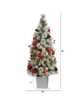 Winter Flocked Artificial Christmas Tree Pre-Lit with 50 Led Lights and Ornaments in Decorative Planter, 4'