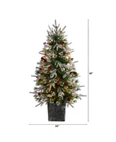 Frosted Artificial Christmas Tree Pre-Lit with 105 Led Lights and Berries in Decorative Planter, 4'