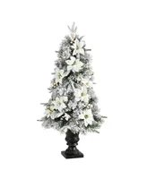 Flocked Artificial Christmas Tree with 223 Bendable Branches and 100 Warm Lights in Decorative Urn, 4'