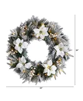 Flocked Poinsettia and Pine Artificial Christmas Wreath with 50 Warm Led Lights, 24"