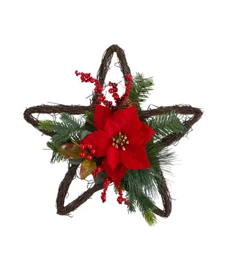 Holiday Christmas Poinsettia Star Twig Wreath, 16"