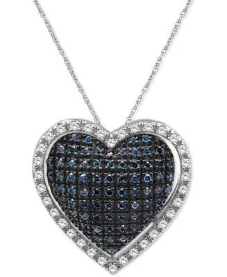 Blue Diamond (5/8 ct. t.w.) & White Diamond (3/8 ct. t.w.) Heart Halo 18" Pendant Necklace in Sterling Silver