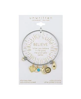 Unwritten Believe Evil Eye Adjustable Bangle Bracelet In Stainless Steel and Gold Flash Plated Charms