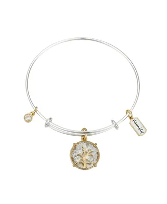 Unwritten Family Tree Cubic Zirconia Adjustable Bangle Bracelet In Stainless Steel and Gold Flash Plated Charms - Two
