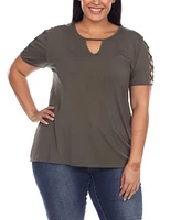 Plus Keyhole Neck Cutout Short Sleeve Top