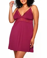 Plus Josie Modal Chemise Trimmed Elegant Tonal Lace Lingerie - Raspberry